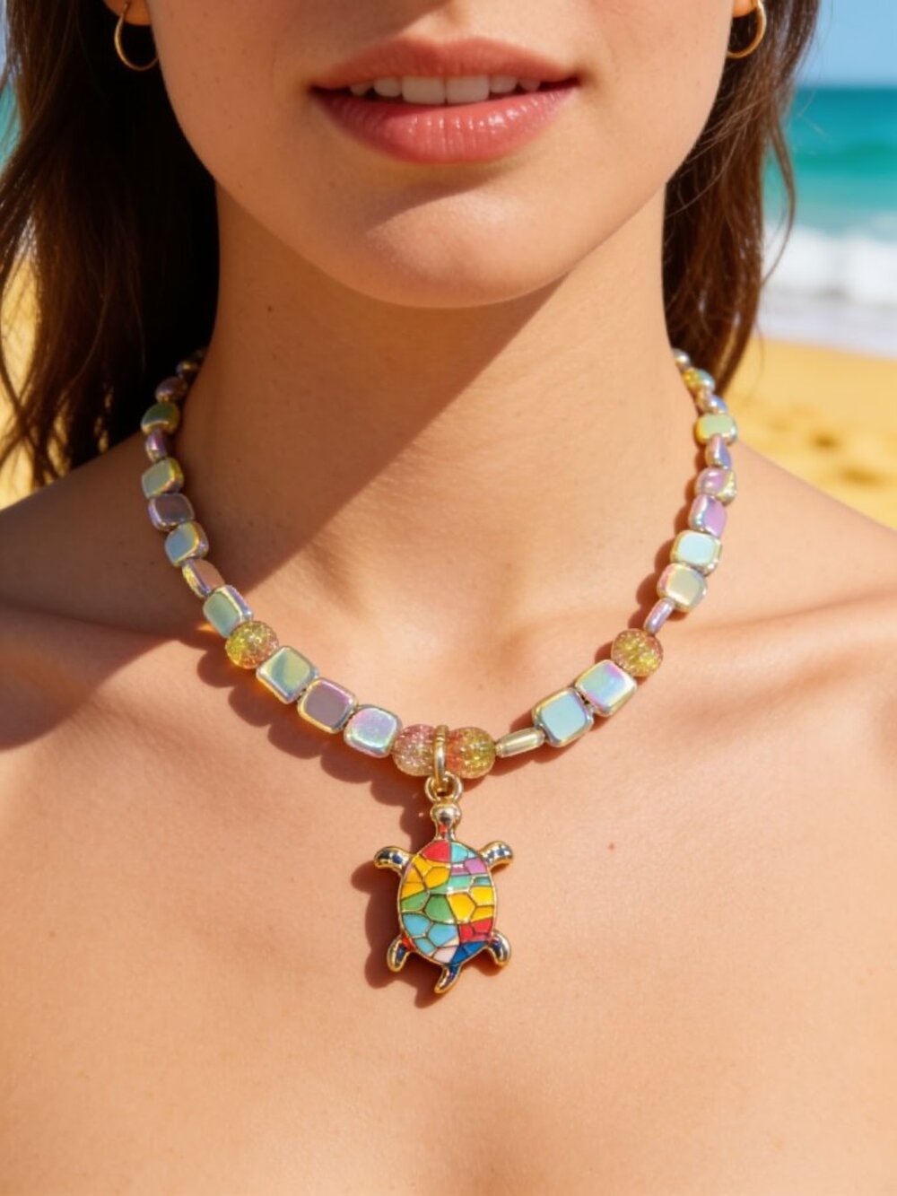 Turtle pendant beaded Necklace 23 in.